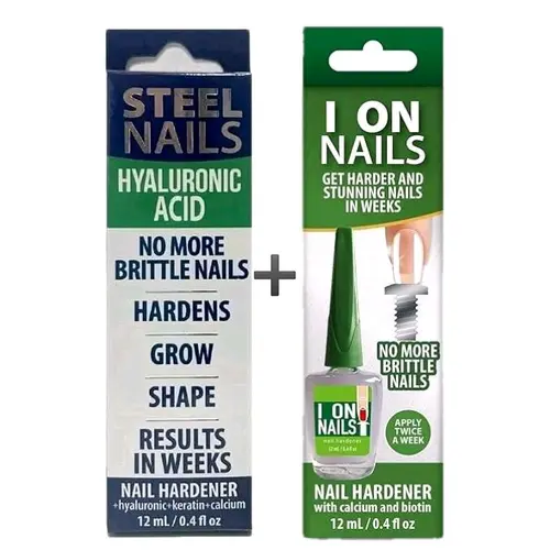 (Duo Pack) Steel Nails & I On Nails 12ml Each Hardener Set for Stronger Softer Nails with Calcium Keratin Hyaluronic Acid & Garlic for Nail Health Uñas de Acero Manicure sohochic, Weak Nails, 2In1 Nail Duo