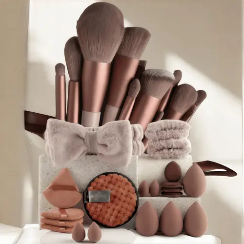 33 pcs Makeup Tools Set, Beauty Tools Kit, Cosmetic Tools, Including 13 pcs Makeup Brushes, 4 pcs Sponges, 4 pcs Mini Sponges, 4 pcs Powder Puffs, 1 pc Facial Sponge and 1 pc Hairband, Complete Makeup Brush Kit