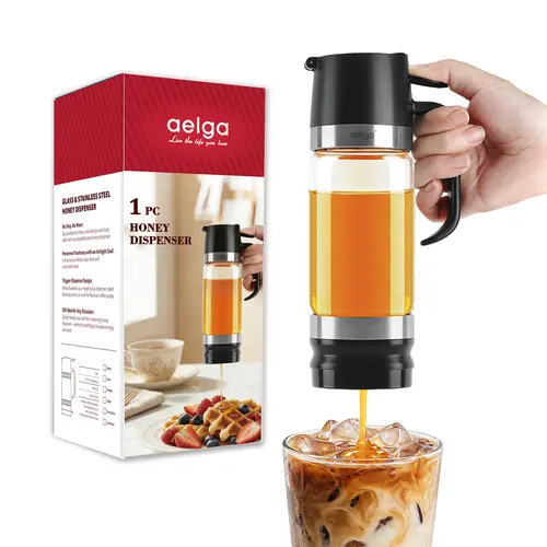 Aelga 12 oz Honey Dispenser No Drip with Base, 2026 Upgrade   Mess Free Syrup Dispenser for Coffee or Tea, Glass Honey Jar Pot with Handle, Black