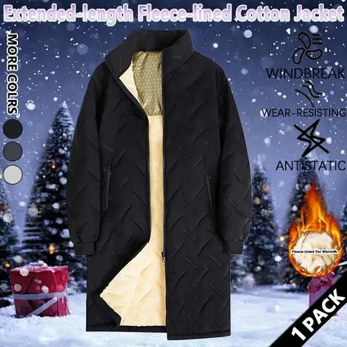 Men winter long zip‑up outerwear, 100% polyester fabric, stand collar, quilted press‑stitching, thick warm inner lining, side pockets for fall‑winter everyday casual outfits