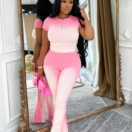 USBoutique Chic Women's 2 Piece Set Outfits Lounge Sets Ruched Short Sleeve Tops High Waisted Wide Leg Pants Tracksuit Sets
