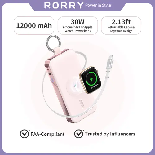 RORRY 12000mAh 30W Power Bank with Built-In Retractable USB-C Cable LED Display Fast Portable Charger for iPhone 12-17 Apple Watch Galaxy Android Devices backtoschool,back to school,back to school haul