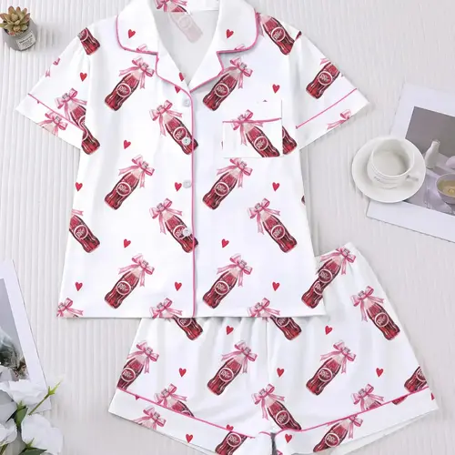 Women's Dr Pepper Sleepwear Set, Loungewear Homewear Pajamas Set, Fitted Pajama Sets, Soft Cartoon Print Fabric, Casual Fitted Design, Perfect for Home & Travel, Comfortable Party Wear, Pyjamas