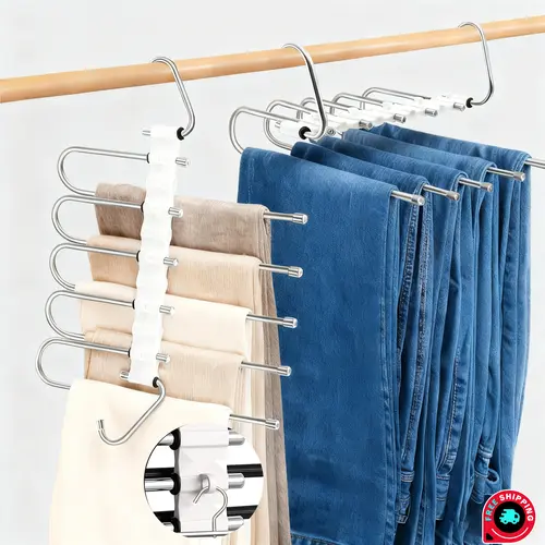 Stainless Steel Foldable Pants Hangers with Side Hook - 5-Layer Non-Slip Adjustable Hanging House Organizers, High-Tenacity Vertical Stack Space Saver Closet Storage (1 or 2 Pcs, Steel for Daily Use) backtoschool