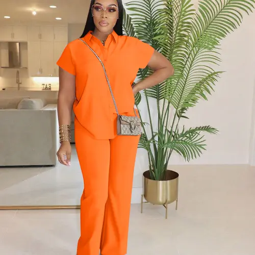 USBoutiqueCHIC Women's Spring Summer Casual Two-Piece Set Soft Loose Fit Long Sleeve Top & Trousers Vibrant Orange Collection