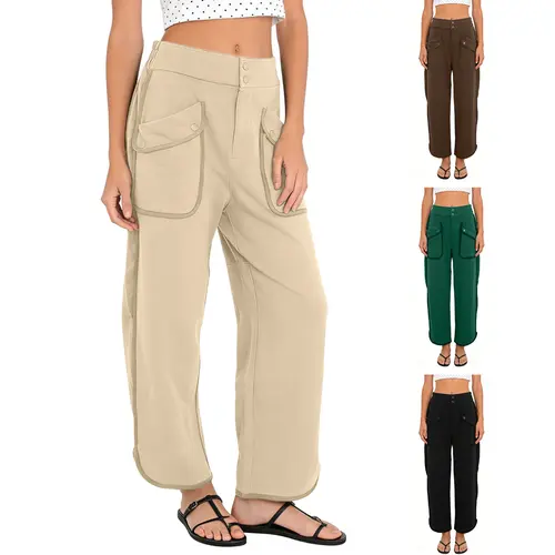 SCUSTY Women Summervibes Casual Comfy Wide-Leg Pants Elastic Waist Front Buttons Low-Rise Straight Fit Loose-Fitting Ankle Length with Patched Flap Pockets