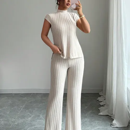 USBoutiqueCHIC Women's Spring Summer Casual Two-Piece Set | Soft Ribbed Knit Short Sleeve Top & Flare Trousers | 10 Color Elegant Collection