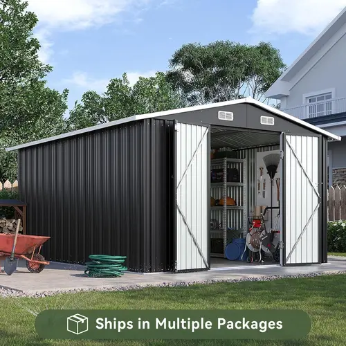 Aoxun Rectangular Galvanized Steel Outdoor Storage Shed (4x6FT/8x10FT/10x12FT) with Double Hinged Lockable Doors, Metal Roof, Waterproof Walls Guard Gear, Durable Weatherproof Metal Shed for Backyard, Patio