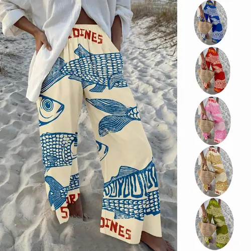Women's Retro Nautical-Style Sardine Print Wide-Leg Pants with Contrasting Painted Loose and Comfortable, They Exude a Literary and Vacation Vibe, Easily Creating a Casual Summer Look beach vibe pants #Spring Bottom Girls pants,back to school shopping