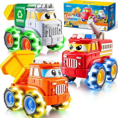 2026 GlowRover 3 Pack Monster Truck Toys, Construction Trucks with Flashing LED Light Up Wheels, Push and Go Cars for Boys Girls 3 4 5 6 7 Years Old Birthday Gifts