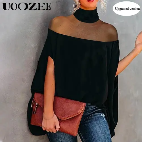 UOOZEE Women's High Neck Turtleneck Longsleeves Batwing See-Through Loose Knit Blouse - Black (Upgraded Version), Minimalist Elegant Comfortable Basic Top for Casual Everyday Wear (Note: Order Smaller Size for Better Fit)
