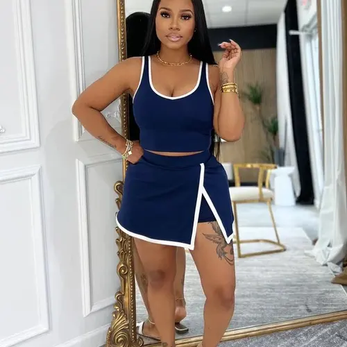 USBoutiqueCHIC Y2K Contrast 2-Piece Set | Crop Tank Top & Side-Slit Skort | Summer Casual Party Street Style Slim Fit Women's Outfit