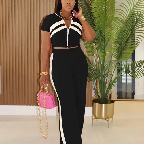 USBoutiqueCHIC Women's Fashion 2-Piece Set Zip-Up Crop Top & Wide-Leg Pants Trendy Contrast Trim Outfit for Casual & Street Style Green Colorblock Plain