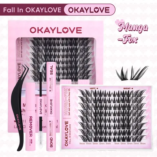 OKAYLOVE Manga-Fox Lash Clusters Kit  Fox Eye Lash Extension Kit  Lightweight Eyelashes Clusters with Waterproof Long-lasting Lash Bond and Seal,Tweezers and Remover for DIY Eyelash at Home Easily, Natural Makeup Girl Gifts DealsForYouDays,back to school