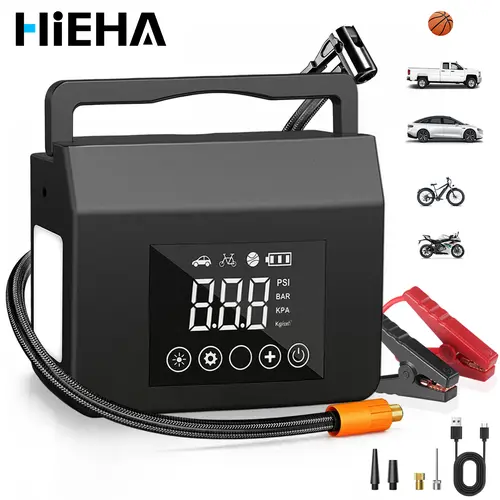 【HiEHA】2026 Portable Car Jump Starter, 4000A Car Battery Jump Starter with 150PSI Tire Inflator, 15000mAh Power Bank, with LED Light, 4-in-1 Multifunctional 12V Car Battery Jump Starter for Car Motorcycle Bike Balls Motorboat, fathersdaygift tiktokshopbac
