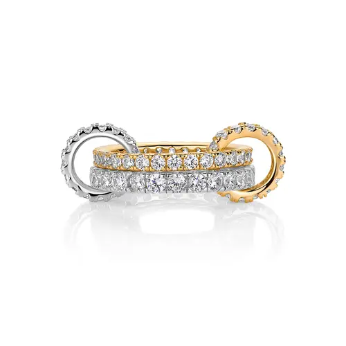 PAVOI 14K Gold Plated Interlocked Two Tone Connector Ring for Women - Statement Double Band Stack - Cubic Zirconia Mixed Metals Stacking Jewelry
