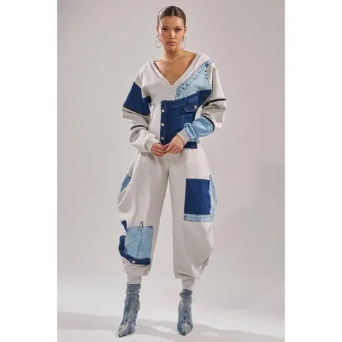 COMFY COZY PATCHWORK JUMPSUIT IN HEATHER GREY