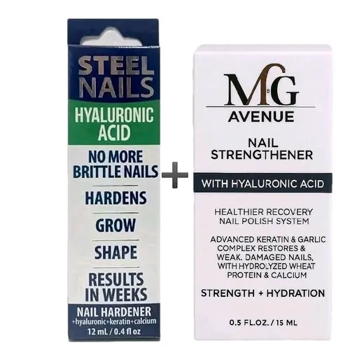 2-Piece Natural Youth Nail Hardener Liquid Set (0.4 oz Each) - Hyaluronic Acid, Keratin, Calcium, Allium Sativum Extract, Acetate, Hydrolyzed Wheat Protein - Strengthens, Shapes, Protects Weak Nails, Boosts Health, Prevents Peeling, Daily Manicure Care