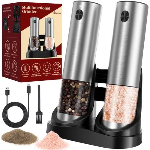 【New】Stainless Steel Refillable Rechargeable Electric Salt and Pepper Grinder Set (Set of 2) - 1-Hand Operation, Adjustable Coarseness, LED Light, Modern Kitchen Utensil & BBQ Essential Seasoning Tool