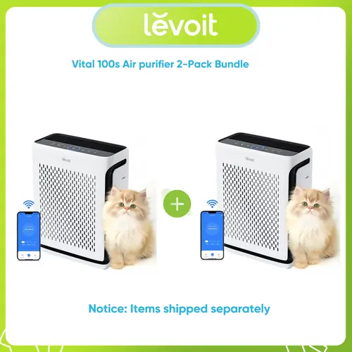 Levoit Vital 100S Pet Air Purifier 2-Pack Bundle, Compact Corded High-Performance US Plug Unit, 99.97% HEPA Clean, U-Shaped Inlet Traps Fur, Covers Up to 1073 Sq Ft, Smart WiFi, Light Sensors, Sleep Mode, Timer, for Pet Relief, Allergy Relief