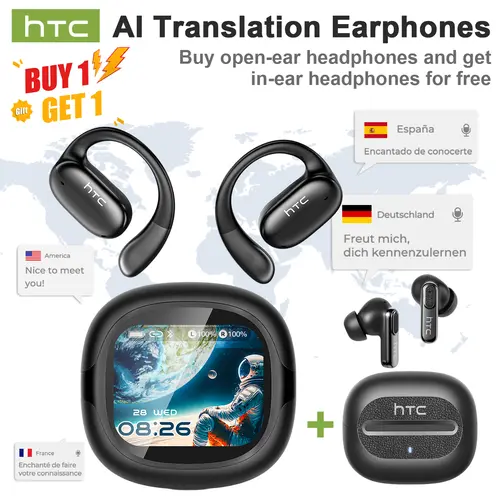 HTC NE58 OWS Translation Bluetooth Earbud - LED Multifunctional Touch Screen, Bluetooth 6.0, 134-Language Real-Time Translation, HD Calls, Headset for Travel, Multi-Language Voice Activation Smart Earphones & Headphones, Real-Time Translation Smart Earpho