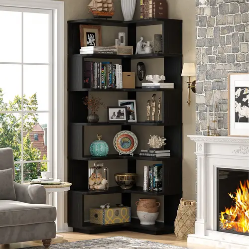 Multi-Layered Corner Wood Bookshelf Organizer - Freestanding L-Shaped Bookcase with Baffle, Angular Back, Adjustable Bookshelf, Easy Setup Sturdy Display Furniture for Home Office, Living Room