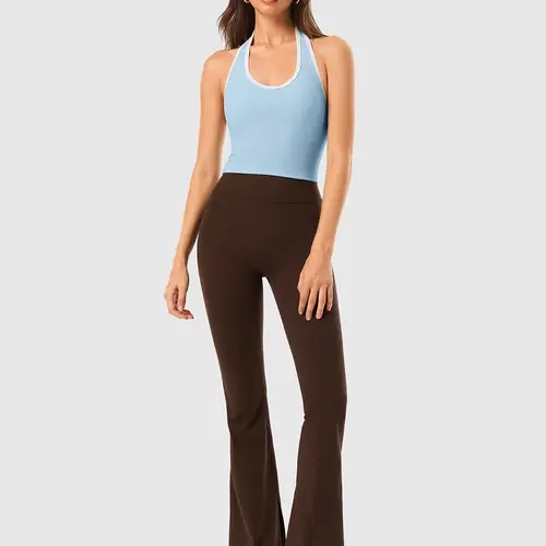 INNO MINT Women's Cloud Mist Green 2-Piece Contour Halter Yoga Tracksuit Set - Nylon-Spandex Backless Gym Clothes, Highly Elastic Contrast Trim Open-Back Seamless Sports Bra & Butt Lift Leggings, Gymwear