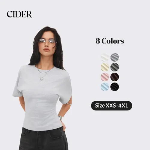 Cider Round Neckline Tee – Cotton Stretch Ribbed French Chic Women's Office Work Daily Casual Top, Summer Slim Fit Basic Short Sleeve T-Shirt SummerWins SummerFinds