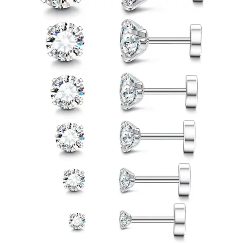 6-12 Pairs 20G Hypoallergenic Flat Back Earrings Studs Earrings Stud Earrings Jewelry Female Male Silver 14K Gold Stainless Steel Earrings Brithstone Cubic Zirconia Earrings Surgical Steel Cartilage Earrings Sensitive Ears Earrings Set
