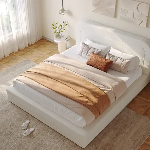 Raybee Cloud Bed with Ultra-Soft Headbaord for Queen, Full, King, Luxury Anti-Collision Platform Bed Frames, Marshmallow Bed Frame with Boucle Fabric & Round Corner, Durable Metal Slats, Beige