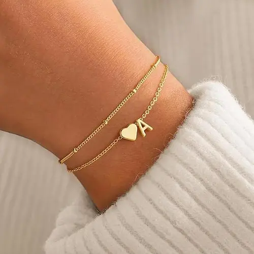 Women's Layered Heart Initial Bracelet Sets - Adjustable Heart, Letter Link, Exquisite Fashion Costume Jewelry Accessories, Birthday Christmas Gifts, Princess Charm Bracelets & Bangles