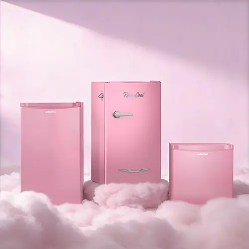 Upstreman Pink Portable Fridge - Compact Retro Countertop Mini Fridge with Bottle Opener Attachment, Metal Carry Handle, LED Lamp, Ultra-Quiet, Energy-Saving, High-Efficiency, Multi-Temperature Adjustable Thermostat, Plugged-In for Dorm Users, Office