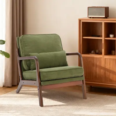 Mid Century Modern Chair, Accent Chair with Arms and Waist Cushion, Reading Chairs for Adults, Lounge Chair for Living Room and Bedroom, Solid Wooden Frame