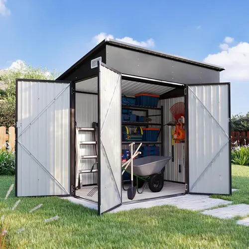 Aoxun 7.5'x4' Triple Door Garden Storage Shed - Outdoor Metal Cabinet with 3 Lockable Doors for Tools, Bicycles - Black Finish for Garden, Backyards, Garden Storage Sheds