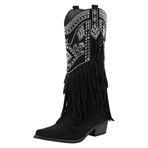 Women's Rhinestone Fringe Knee-High Western Cowboy Boots - Pointed Toe, Aztec Embroidery, Tassel Decor, Cuban, Country Girl Aesthetic Footwear for Rodeo Outfit Inspo, Western Ootd