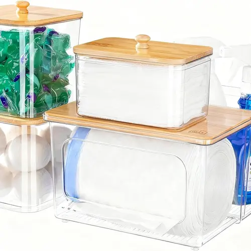 iCASA Trash Bag Dispenser Dishwasher Pod Holder - 5 in 1 Plastic Garbage Bag Under Sink Organizer, Acrylic Dryer Sheet Balls Laundry Pods Container with Bamboo Lid, Pantry Organizers and Storage Box