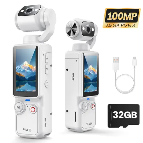 【Back to school】W&O Portable with 180° Rotating Lens Handheld Stabilizer Pocket Camera Full Body for Vlogging Travel Daily Life Recording USB Rechargeable Black Durable Construction Camcorder
