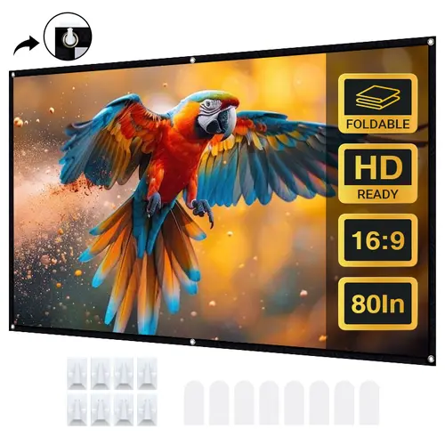80 Inch Projector Screen 16:9 – Foldable & Wrinkle-Free Movie Screen, 4K HD Ready, 160° Wide Viewing Angle, Indoor & Outdoor Use, Portable Home Theater Screen with Hooks, Durable, Travel