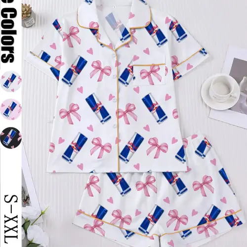 Women's Heart & Bow Print Sleepwear Set Pjs, Short Sleeve Button-Up Top & Elastic-Waist Shorts, Casual Loungewear for Home and Pajama Parties
