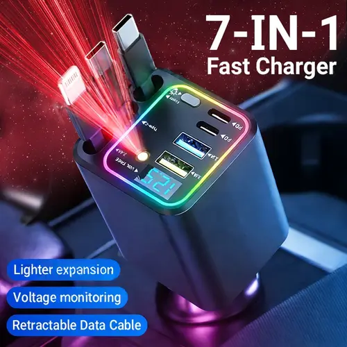 7-in-1 Retractable Car Charger: 120W Max Fast Charging Station with 3 Cables,Star Projector | LED Voltage Display &  | Premium Car Accessories for iPhone & Android | Essential Road Trip Gadget & Organizer,Gifts for Fathers Day for Men Dad Husband