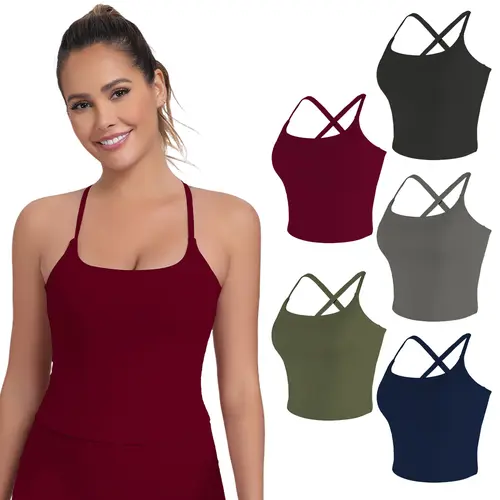 1/3/5-PACK Adjustable Straps Built-in Bra Tank Top - Criss Cross VS Spaghetti Thin Straps & Scoop Neck, Slim Cute Buttery Soft Thicker Fabric Longline Sports Bra with Built-in One-Piece Bra Pads Yoga Wear Fitness Yoga Gym Activewear