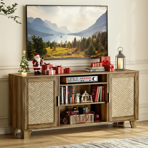 【DealsforYou】ONBRILL TV Stand for 65 Inch TVs, Boho TV Consoles Cabinet with Power Outlet, Modern Entertainment Center for Living Room, Media Console with Doors and Shelves, 2 Cable Management Holes
