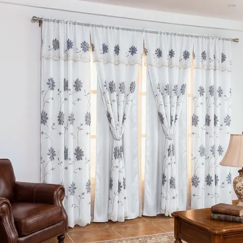 Double Layer Luxury Embroidered Window Curtain Panels - 4-Panel 52x84 in Polyester Floral Vine Embroidery Satin-Like Snow Voile Valance for Elegant Home Decor QF36