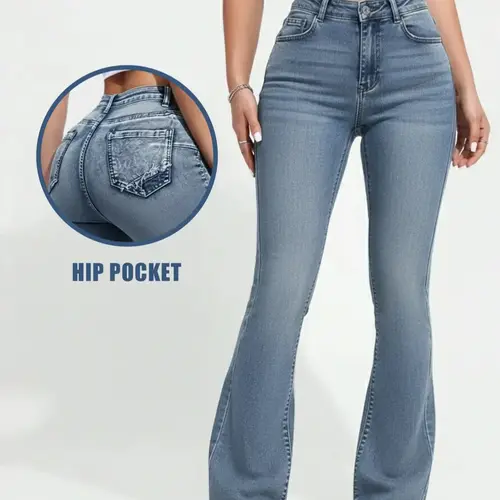 Autumn women's mid-rise washed stretch skinny flared leg denim jeans, Casual streetwear, hip-lifting slim fit flared pants, Christmas atmosphere wear, Button, Bottoms, Flared Fashion Denim