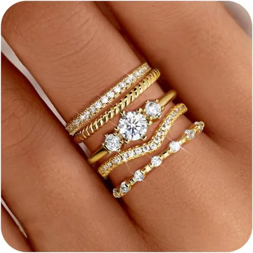 5 Pcs Stackable Rings Set for Women, 14K Gold Plated Minimalist Non-Tarnish Cubic Zirconia Rings, Exquisite Trendy Ring, Dainty Fashion Statement Design, Size 5-10