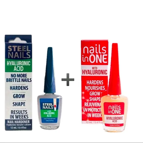 2-Step Nail Duo Pack (12ml Each) Uñas de Acero Treatment with Hyaluronic Acid, Keratin, Calcium - Moisturizer for Weak Nails, Repair, Hydration, UV Protection Daily Manicure, Brittle Nail Fix