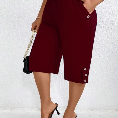 Elegant Plus Size Solid Color Elastic Waist Fitted Slant Pocket 7/8 Pants, Casual Fitted Bottoms, Comfortable Women's Trousers