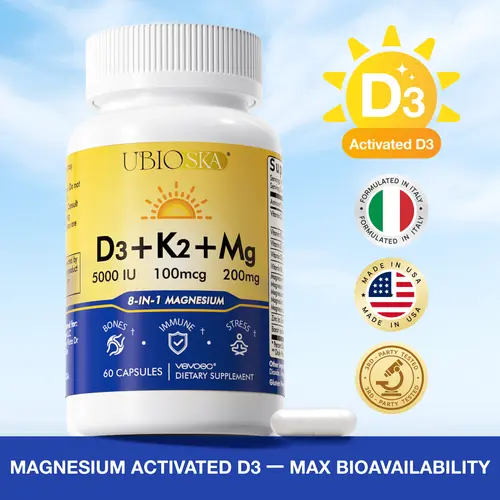 UBIOSKA Vitamin D3 K2 Magnesium Complex Supplement Stack - 8 Types Magnesium (Glycinate, Taurate, Malate) + B Vitamins, Zinc, Boron - Sugar Free, Gluten Free, High Absorption, Reduces Muscle Cramps & Tension, Supports Sleep, Immunity, Bone Health