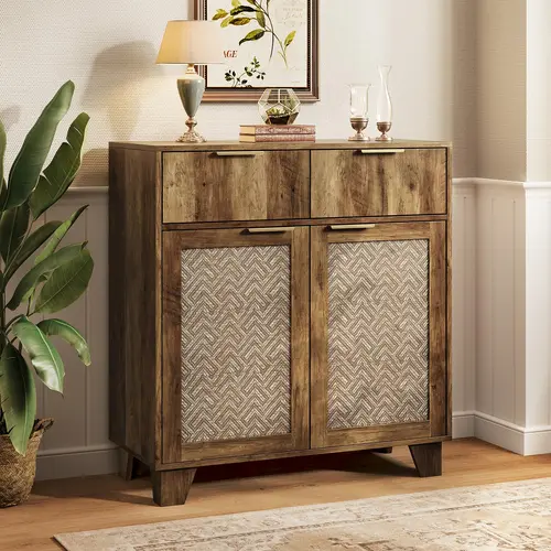 【DealsforYou】ONBRILL Sideboard Buffet Cabinet with 2 Drawers, Coffee Bar Cabinets with 2 Doors, Boho Farmhouse Accent Credenza Buffet Table Console Cabinet with Adjustable Shelves for Living Room, Entryway
