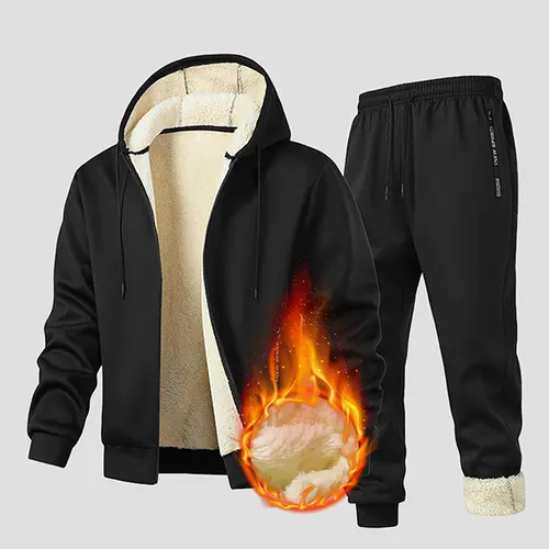 Men's 2-Piece Plush-Lined Fleece Activewear Tracksuit Set - Fitted Polyester Drawstring Hooded Jacket, Long Sleeve Hoodie, Casual Pants for Gym Athleisure; Dry Clean, Cold Wash, Machine Washable